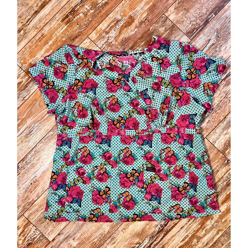 Betsey Johnson 3X Floral Butterfly Scrub Top Aqua Pink Polka Dot Stretch Plus